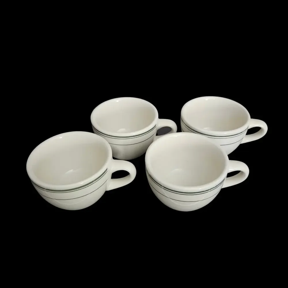 Tuxton Green Stripe Coffee Cups Set of 4 Restaurant Ware White Mug